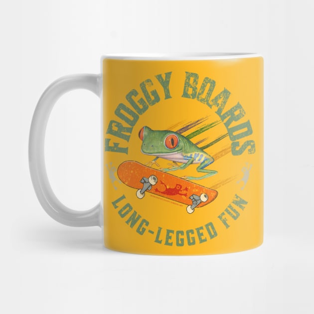 Cute Red Eyed Tree Frog using a skateboard with a Funny saying Long Legged Fun tee by Danny Gordon Art